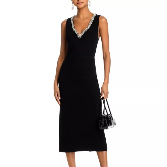 595$ SIMKHAI Khari Sweetheart Rhinestone Trim Midi Dress Sleeveless Size M Black - Picture 1 of 5